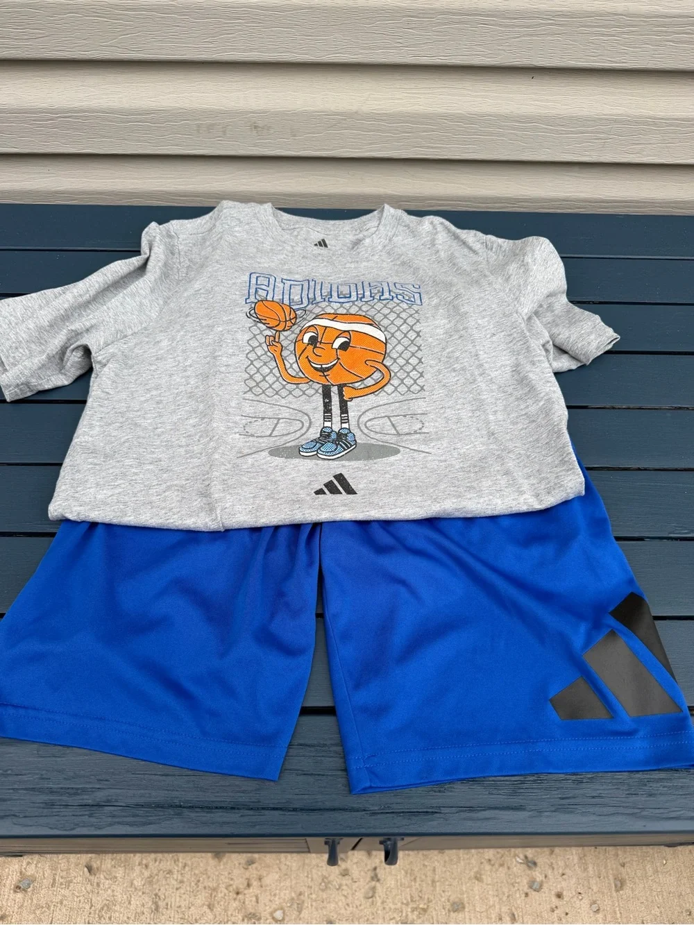 adidas Grey Graphic Basketball T-Shirt & Blue Athletic Shorts Kids Matching Set